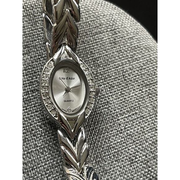 Cote d' Azur Watch Women Rhinestones White Dial Oval Silver Band Career Office - Picture 2 of 9
